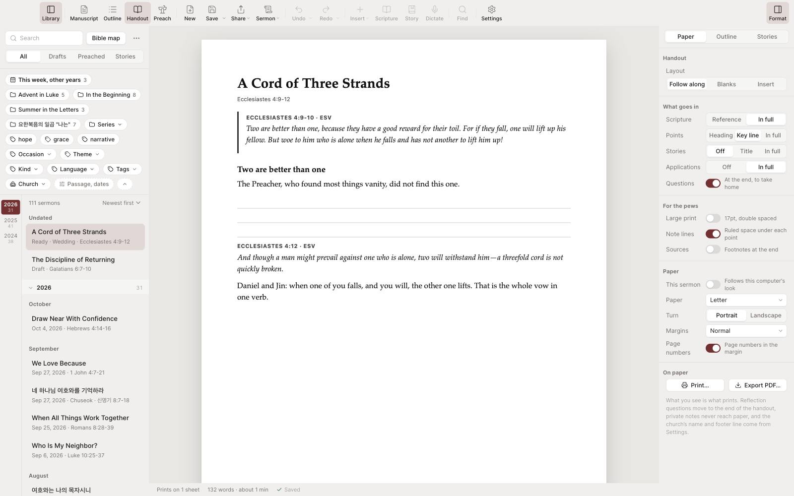 The handout: the points with blanks for the congregation, laid out on one sheet