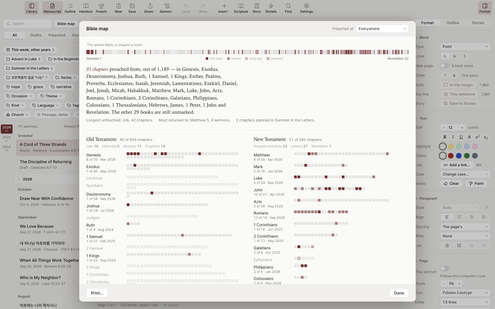 The Bible map: every chapter of the Bible as a cell, the preached ones filled, with counts per book