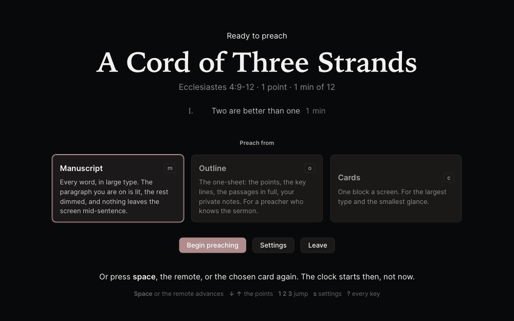 The ready screen before preaching: the title, the points with their minutes, and the three ways to read